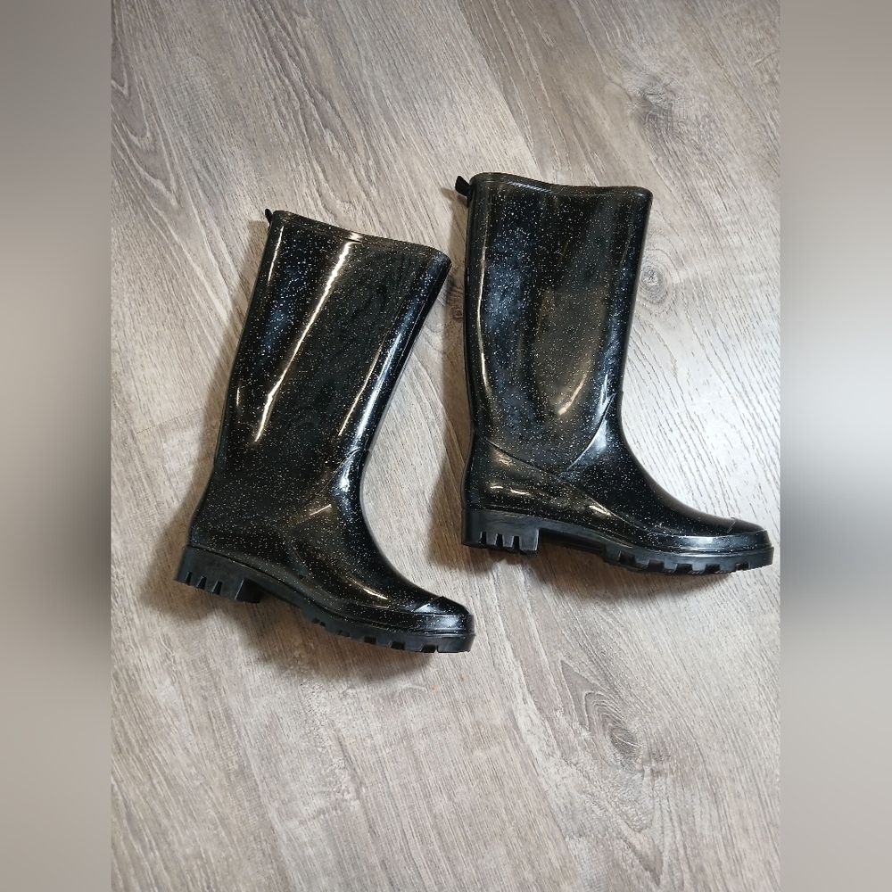 Codelli Black Glitter Women's Rain Boots. Size 6